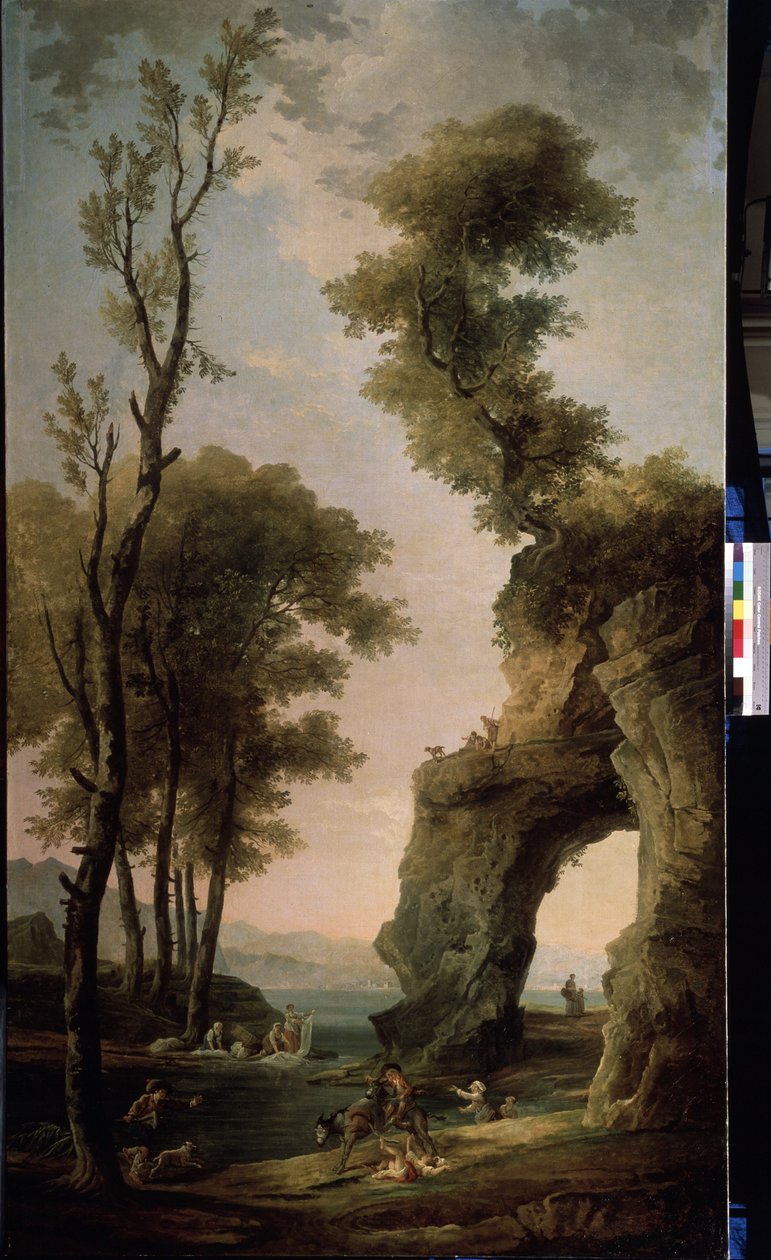 Paisagem. Lavadeiras que lavam roupa no rio. Uma mulher cai de um burro. Pintura de Hubert Robert (1733-1808), óleo sobre tela, arte francesa. Museu Estatal ao Ar Livre Peterhof, São Petersburgo. de Hubert Robert