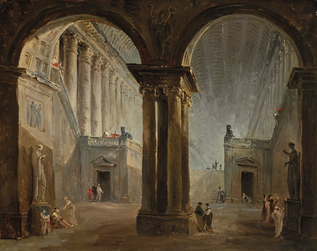 Pessoas numa galeria de antiguidades de Hubert Robert