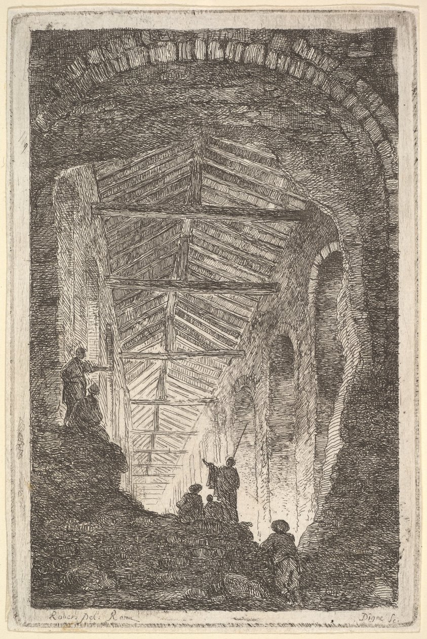 Ilustração 10: A Galeria Antiga: uma grande galeria coberta, luz entrando da bac ..., ca. 1763-64. de Hubert Robert