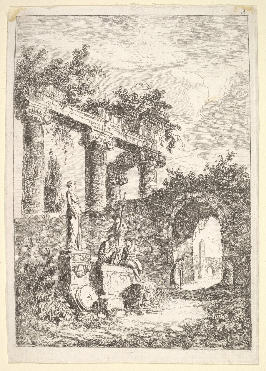 Ilustração 3: A Estátua Antes das Ruínas: uma estátua à esquerda ao lado de três figuras em um p ..., ca. 1763-64. de Hubert Robert