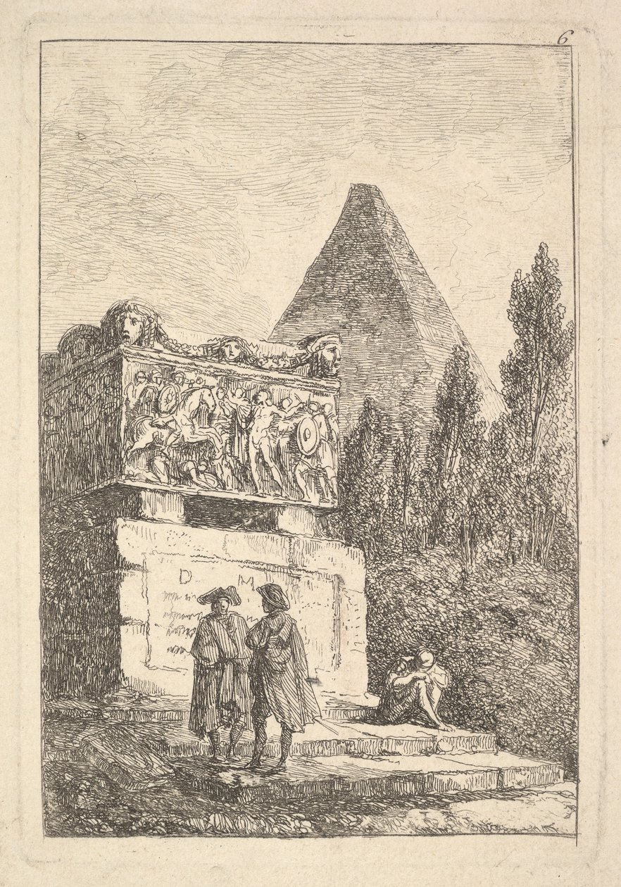Ilustração 6: O sarcófago: dois homens conversando para a esquerda, outro homem sentado e dormindo ..., ca. 1763-64. de Hubert Robert