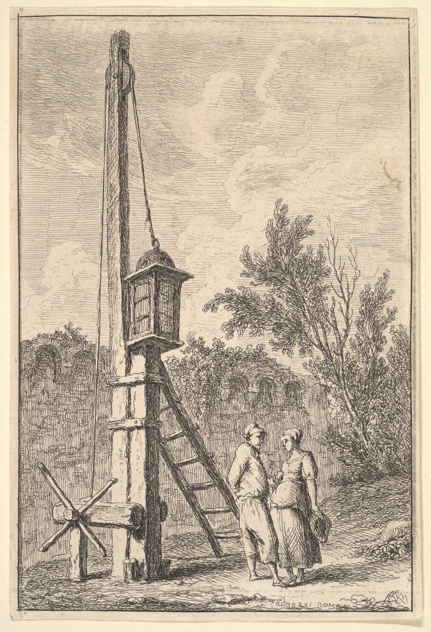 Placa 9: A polia: um homem e uma mulher conversando à direita, uma lanterna pendurada em um poste..., ca. 1763-64. de Hubert Robert