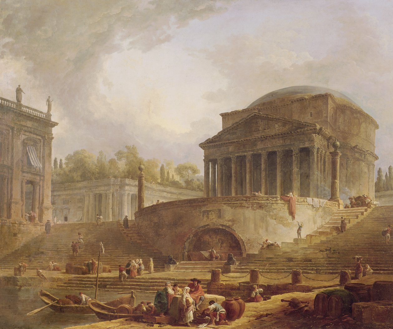 Porto di Ripetta em Roma, com o panteão, quadro arquitetônico, 1766 de Hubert Robert