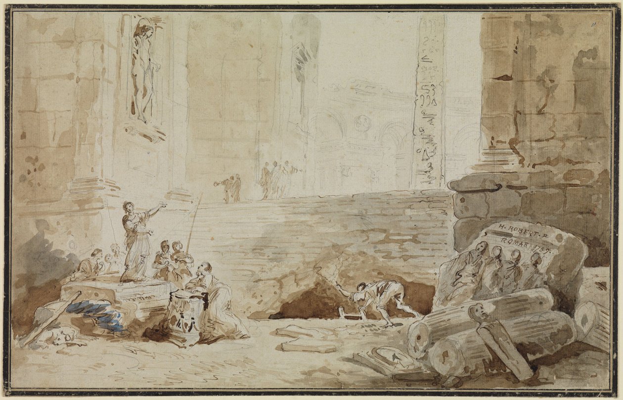 Capricho romano com uma cantora de rua de Hubert Robert
