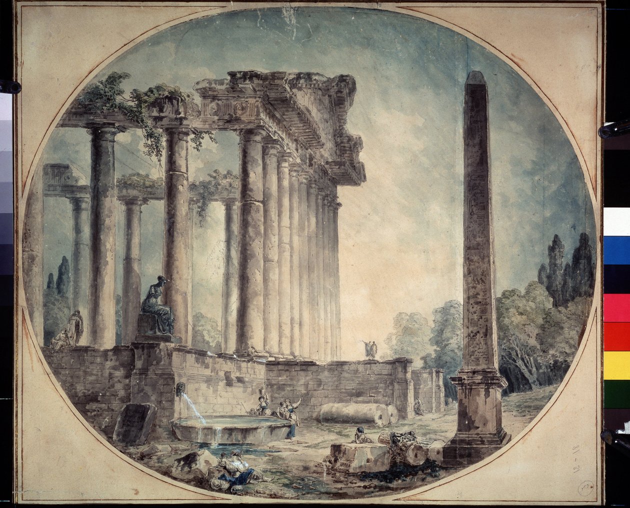 "Ruines antiques et obelisque" Aquarelle d