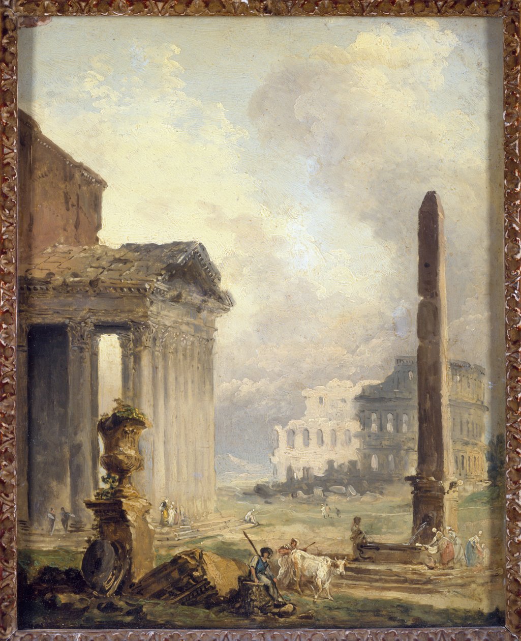 Ruínas romanas, o Fórum com o Coliseu e o obelisco de Hubert Robert