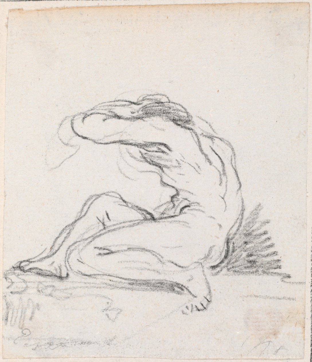 Nu masculino sentado com o braço sobre a cabeça, visto de lado de Hubert Robert