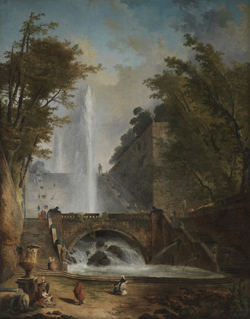 Escadaria e fonte no parque de uma villa romana de Hubert Robert