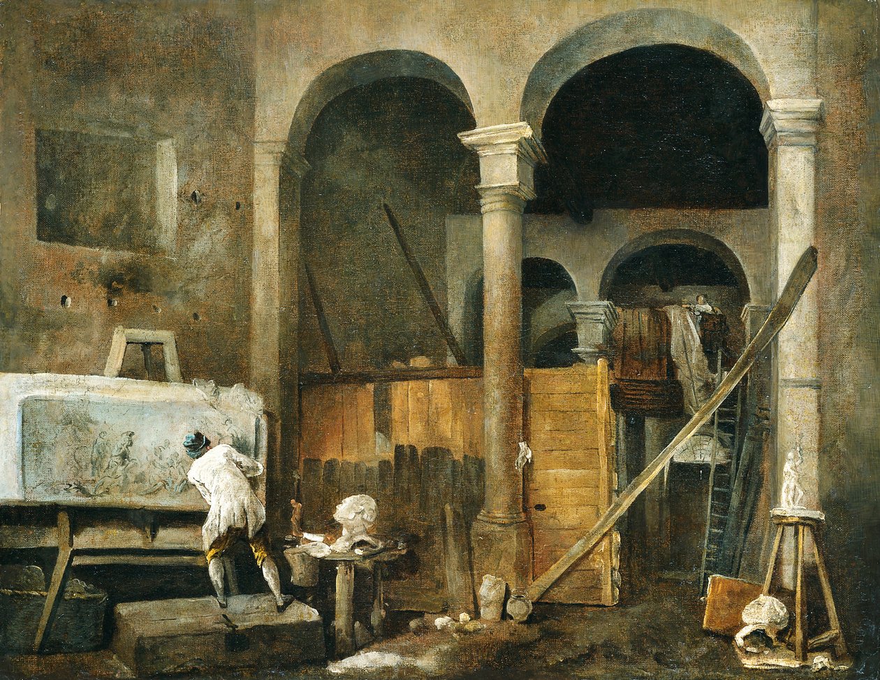 O Estúdio do Artista, c.1760 (óleo sobre tela) de Hubert Robert