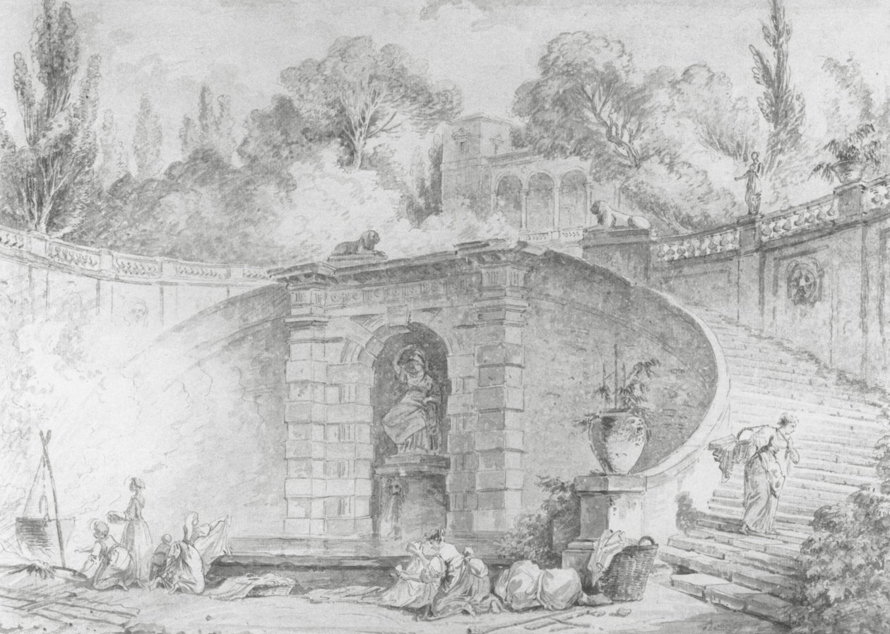 The Large Staircase, 1761-1765 (caneta e tinta preta, pincel e cinza lavados e aquarela sobre giz preto desenhado em papel branco sujo, com marca d&39;água) de Hubert Robert
