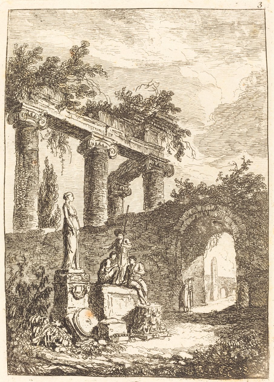 A estátua antes das ruínas de Hubert Robert