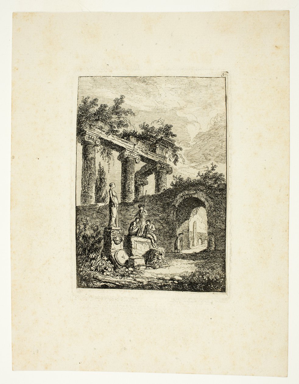 A estátua diante das ruínas, prato três de Les Soirées de Rome de Hubert Robert