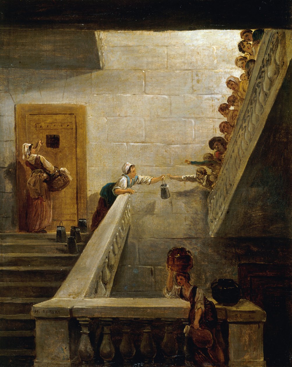 A distribuição de leite na prisão de Saint-Lazare, ca 1794. de Hubert Robert