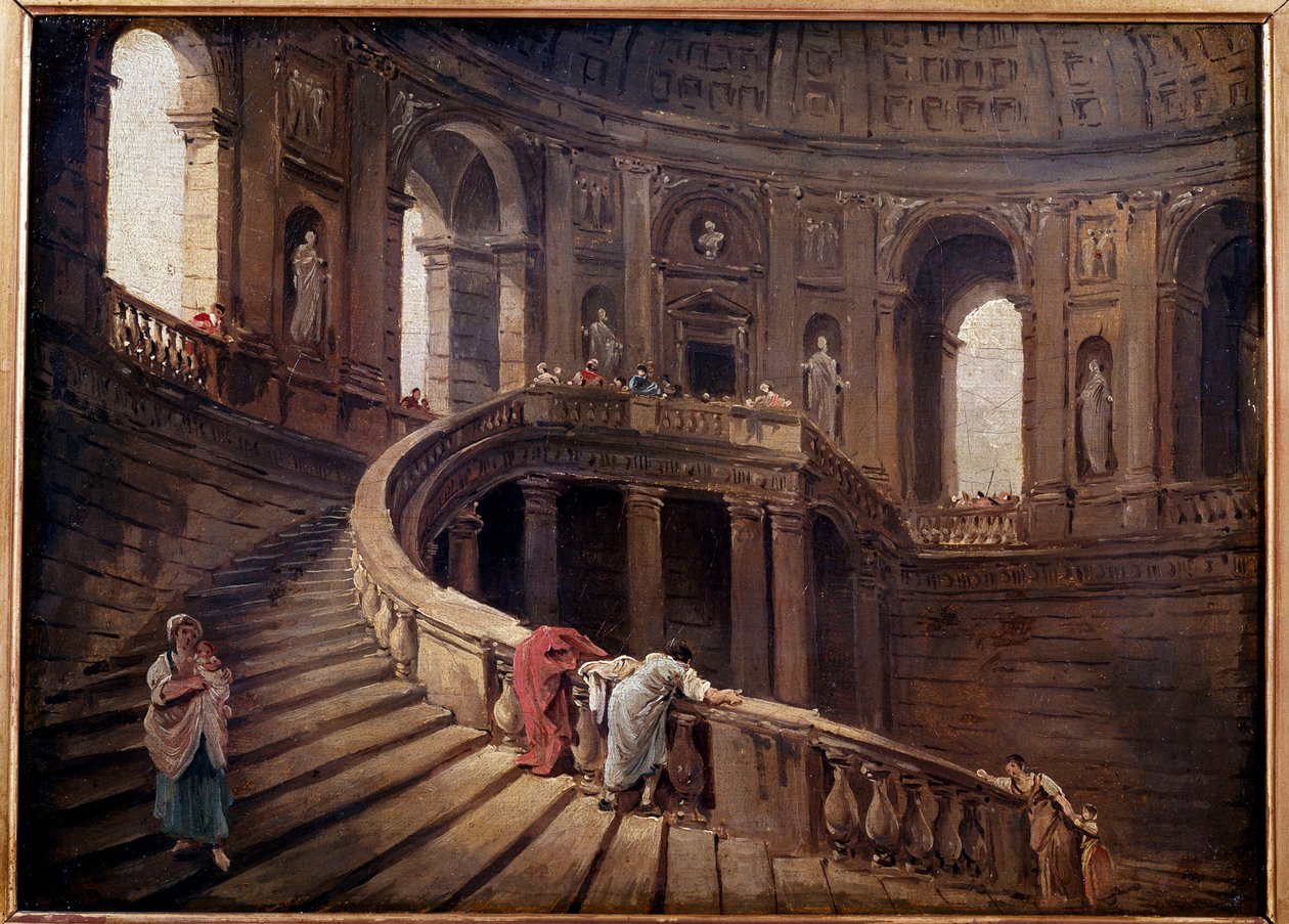 A escadaria giratória do Palazzo Farnese a Caprarola Pintura de Hubert Robert (1733-1808) Sol do século XVIII. 0,24x0,33 m de Hubert Robert