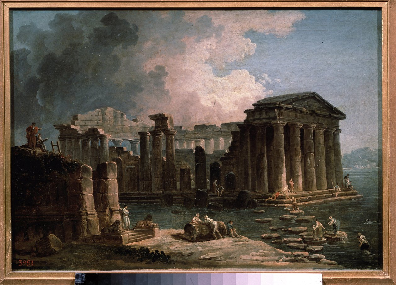Um templo cercado por águas. Pintura de Hubert Robert (1733-1808), óleo sobre tela, cerca de 1780, arte francesa. Museu Estadual de Belas Artes A. Pushkin, Moscou. de Hubert Robert