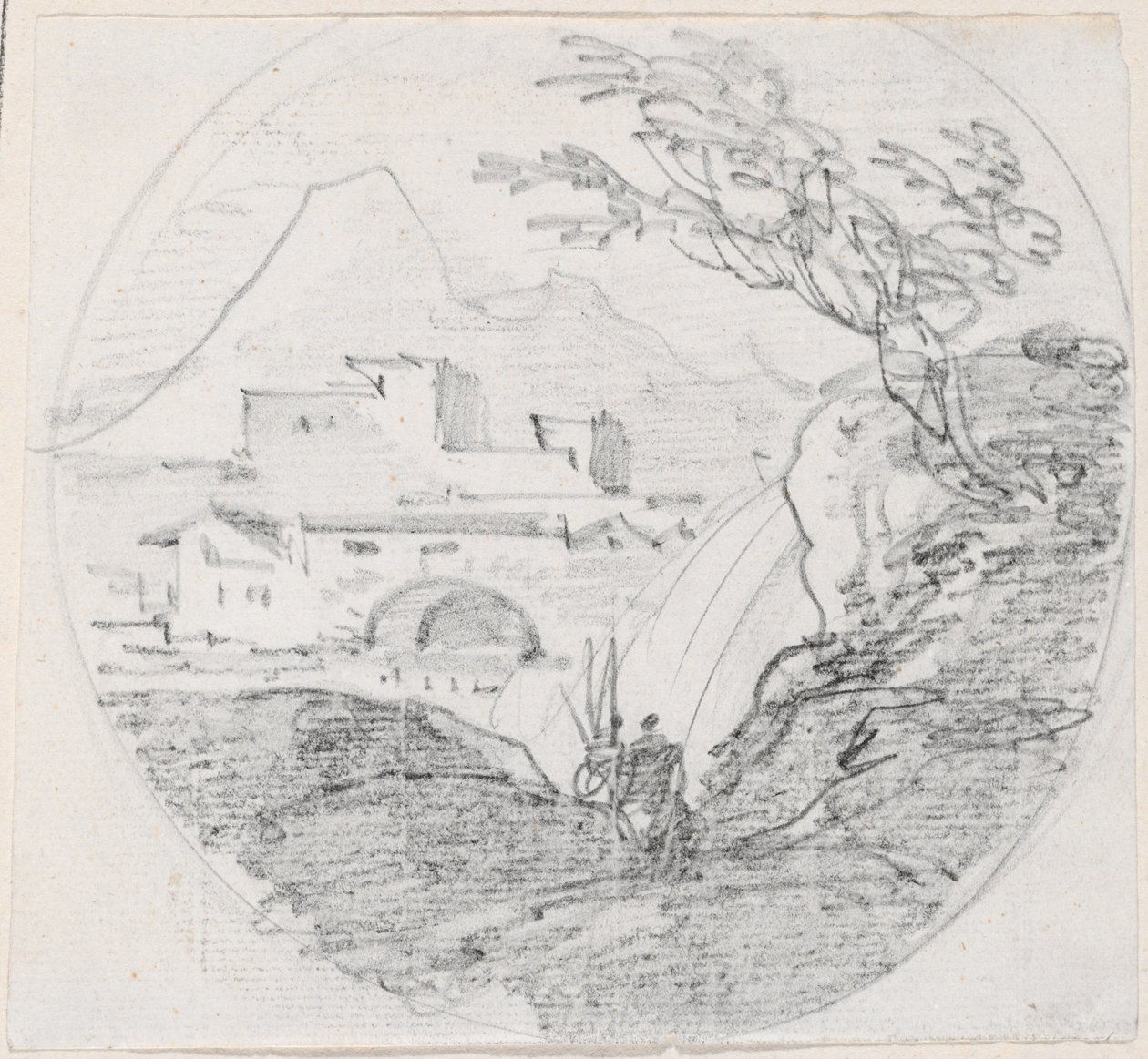 Vista de um cume para uma vila e uma montanha distante de Hubert Robert