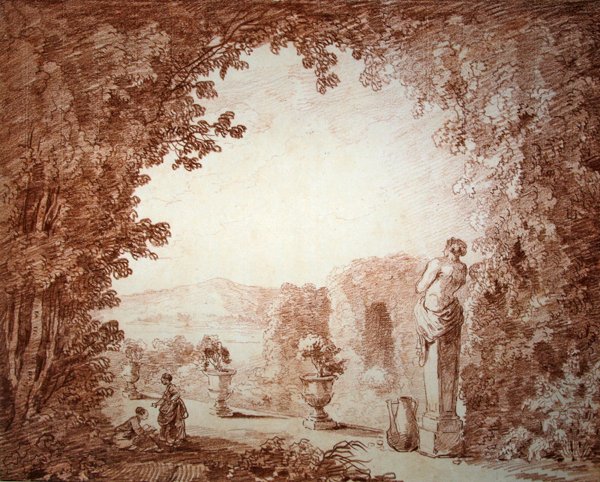 Vista de um jardim com estatuária (giz vermelho sobre papel) de Hubert Robert