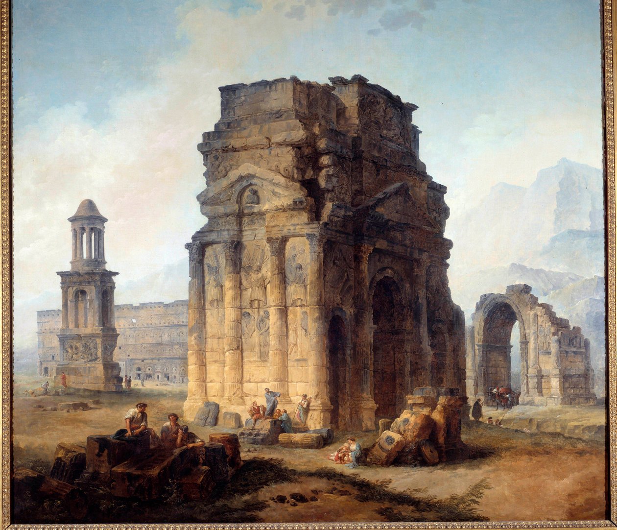 Vista do Arco do Triunfo e do Teatro de Pintura Laranja de Hubert Robert (1733-1808) Sol do século XVIII. 2,42x2,42 m de Hubert Robert