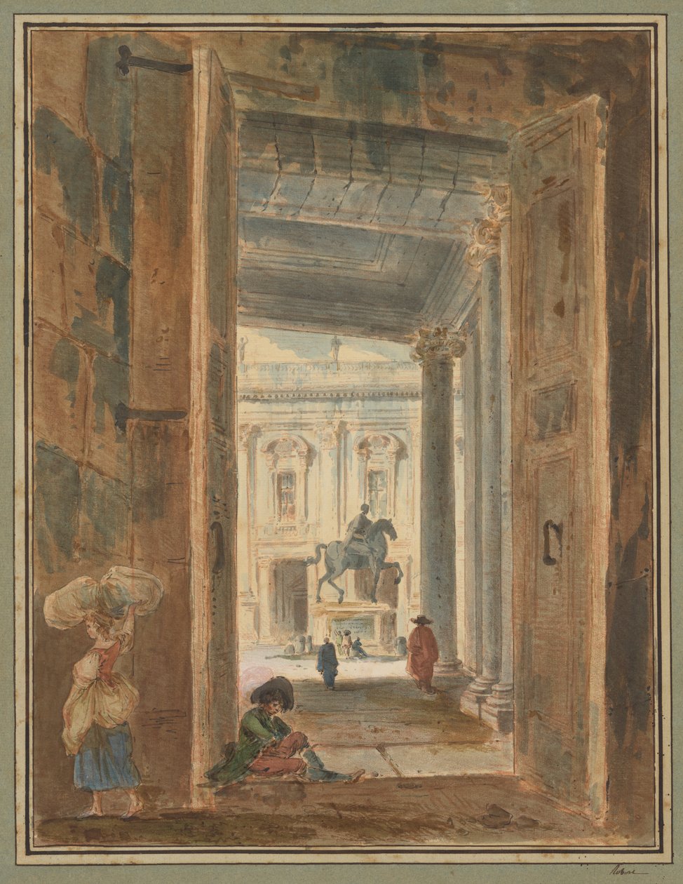 Vista do Campidoglio com a estátua de Marco Aurélio de Hubert Robert