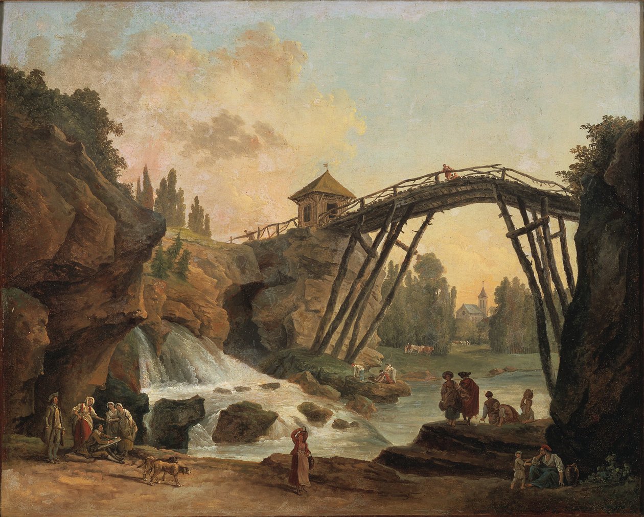 Vista da Gruta e da Ponte Rústica no Jardim Paisagístico de Méréville de Hubert Robert