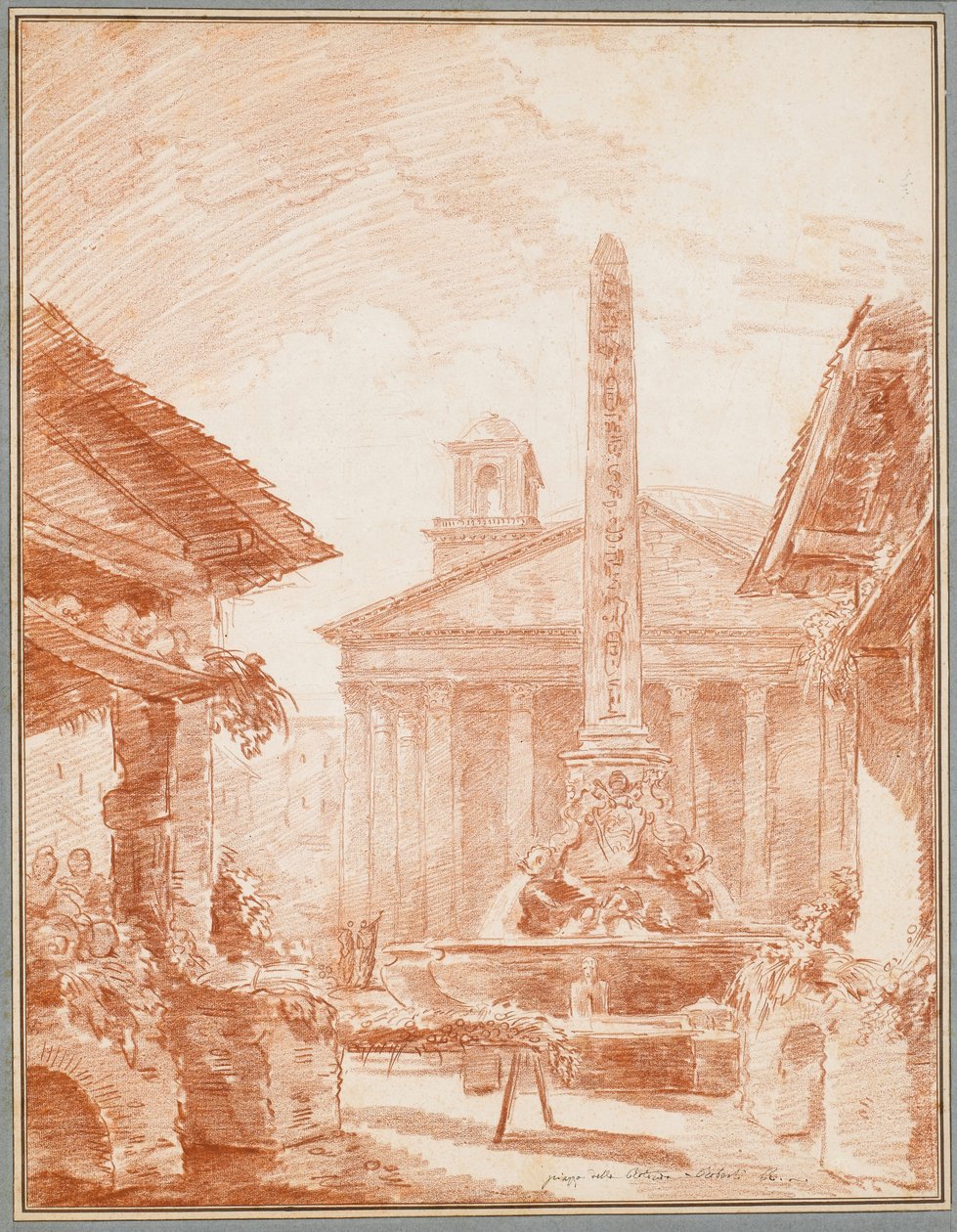 Vista da Piazza della Rotonda em Roma com a fonte Tritons e a fachada do Panteão de Hubert Robert