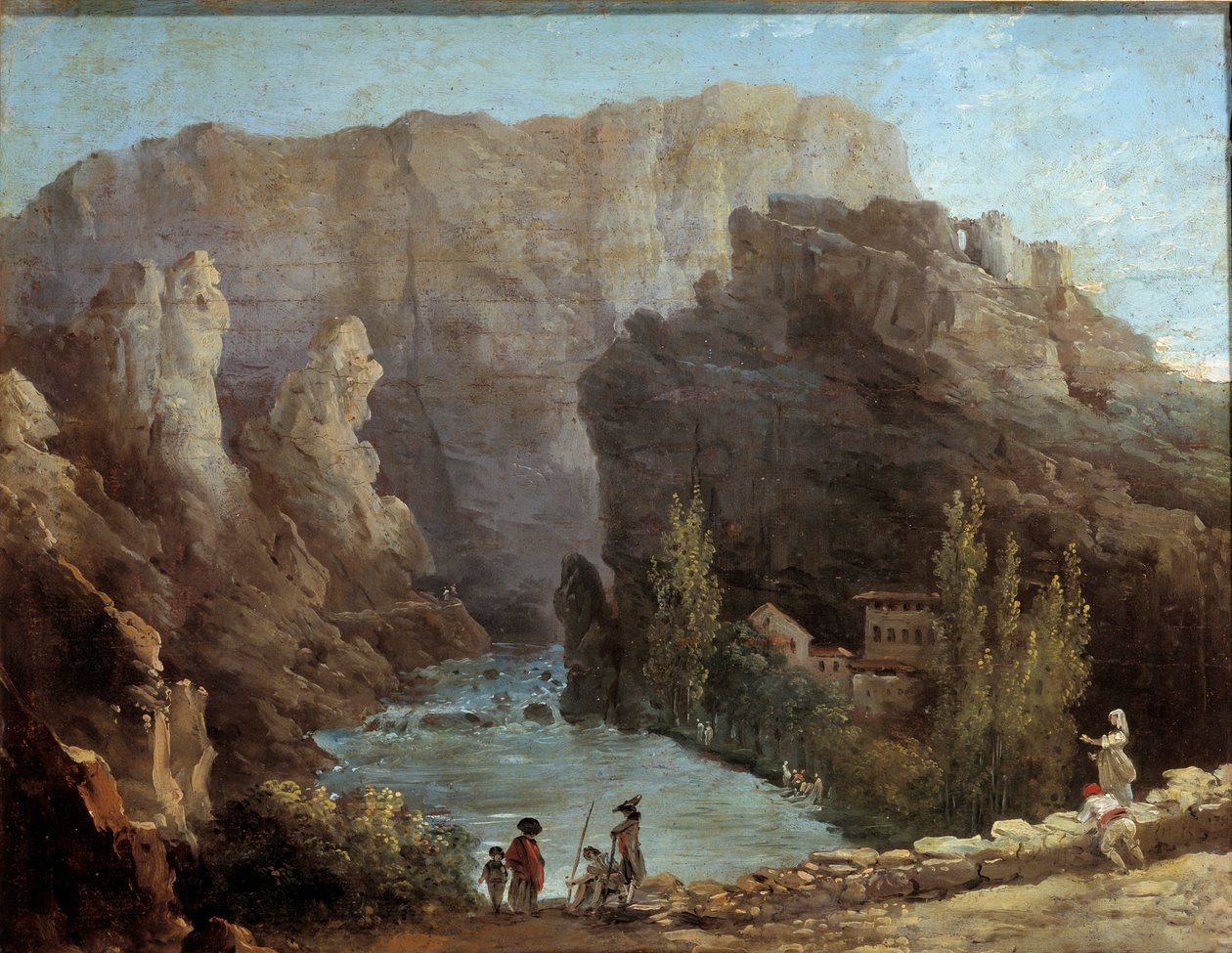 Vista da fonte Vaucluse Painting de Hubert Robert (1733-1805) Avignon do século XVIII, Musee Calvet. de Hubert Robert