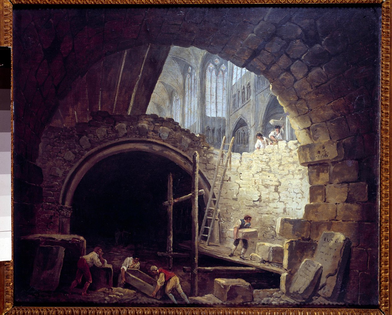 Violação dos porões dos reis na Basílica de Saint Denis, em outubro de 1793. Pintura de Hubert Robert (1733-1808) de Hubert Robert