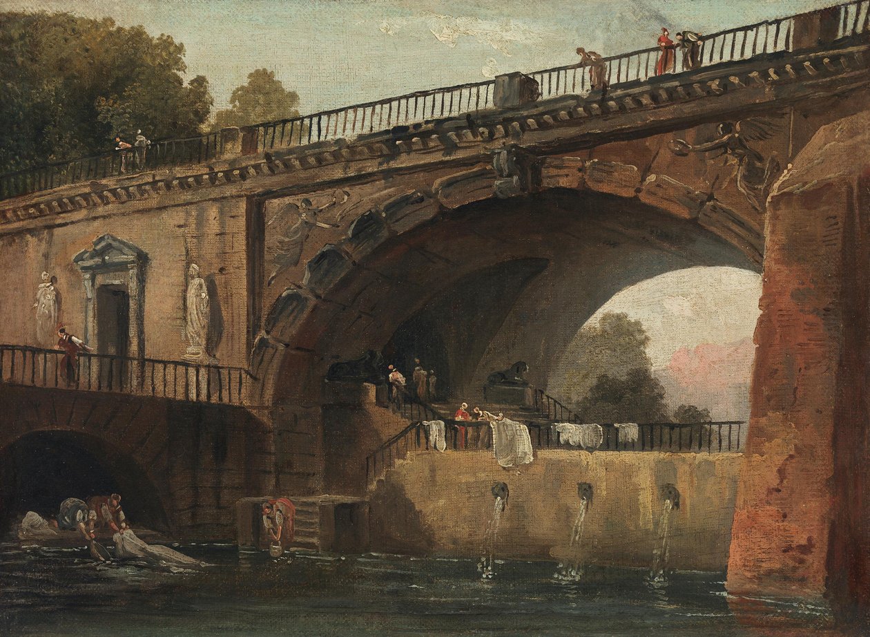 Lavadeiras sob um arco de ponte de Hubert Robert