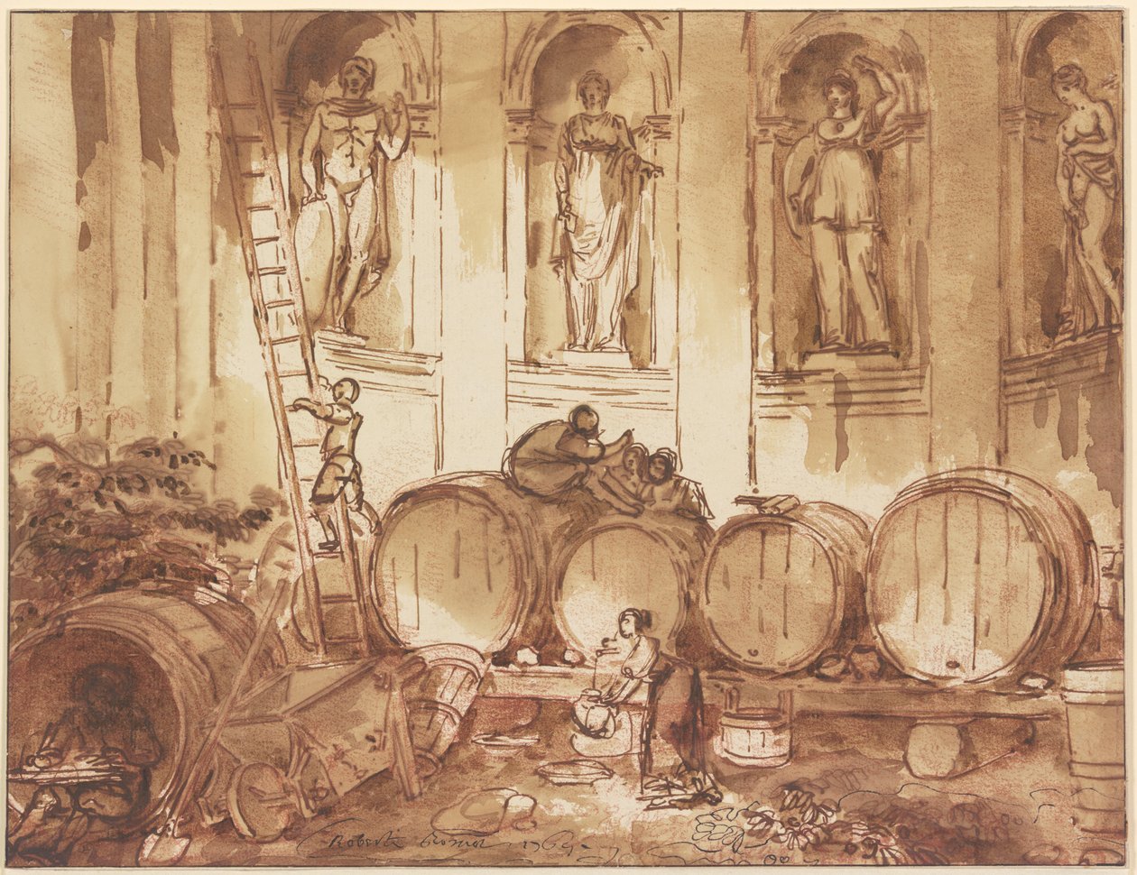 Adega num salão com nichos, com quatro estátuas de divindades antigas de Hubert Robert