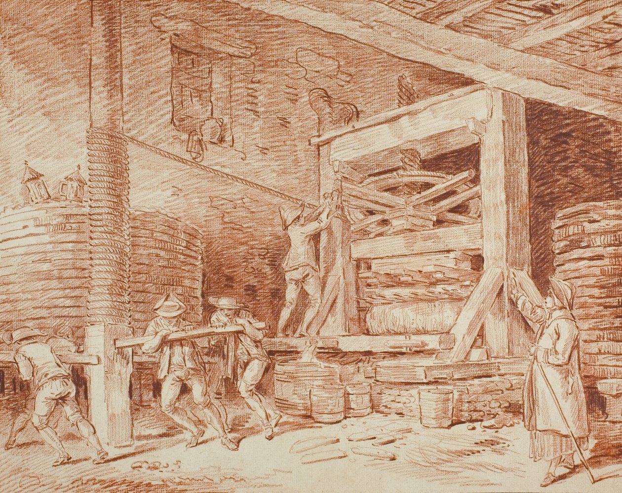 Prensa de vinho, c.1759 (giz vermelho sobre papel amarelo amarelado, colocado sobre cartão creme) de Hubert Robert