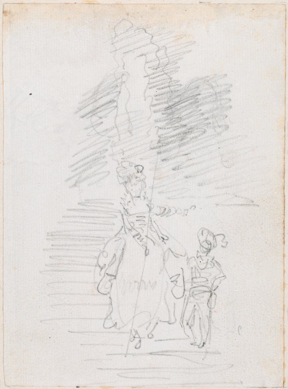Mulher e figura masculina menor na Grand Stairway [reto] de Hubert Robert
