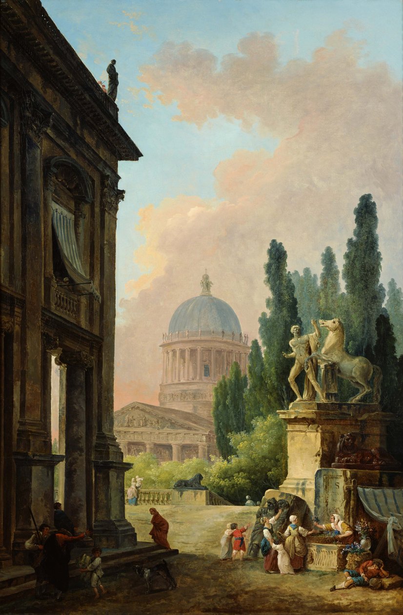 Paisagem imaginária de Roma, com vista para a estátua gigante de Monte Cavallo e a catedral de Hubert Robert