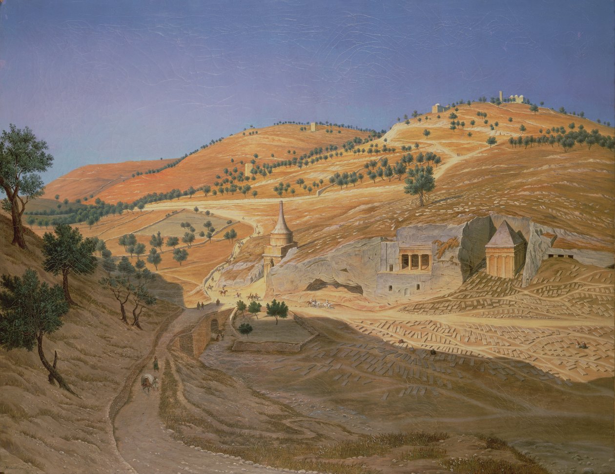 Uma paisagem montanhosa com árabes e um templo em ruínas de Hubert Sattler