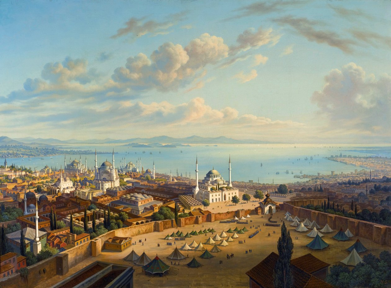 "Vue de Constantinople depuis la tour de Serasker (Bayezid ou Seraskier)" (Constantinopla da Torre do Fogo de Beyazit) Peinture de Hubert Sattler (1817-1904) Óleo sobre tela, 74x101,5 - Colecção Privada de Hubert Sattler