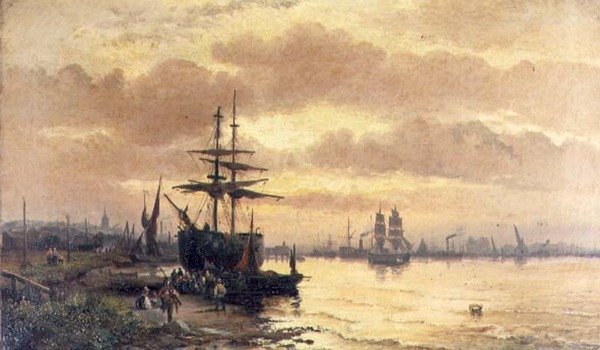 Fisherfolk na margem de um estuário ao pôr-do-sol de Hubert Thornley