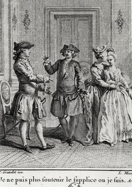 Não suporto mais os tormentos aqui onde estou, ilustração de Eugenie de Beaumarchais, gravada por Louis Joseph Masquelier (1741-1811) de Hubert after Gravelot