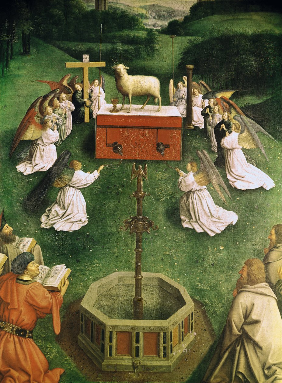 Cópia de The Adoration of the Mystic Lamb, do Altar de Ghent, metade inferior do painel central (óleo sobre painel) (ver também 166057) de Hubert and Jan van  Eyck