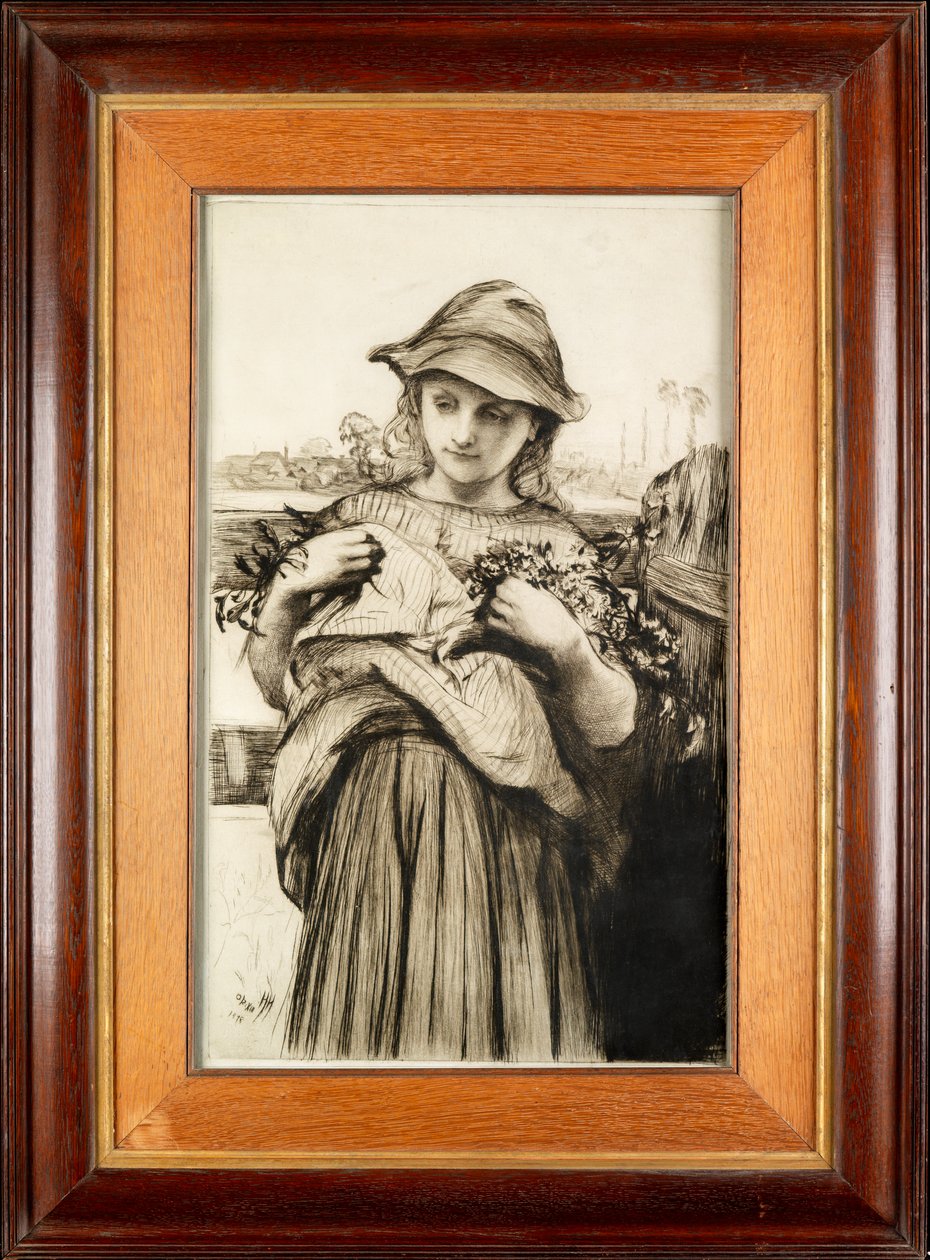 Uma Menina com Flores (gravura com ponta seca) de Hubert von Herkomer
