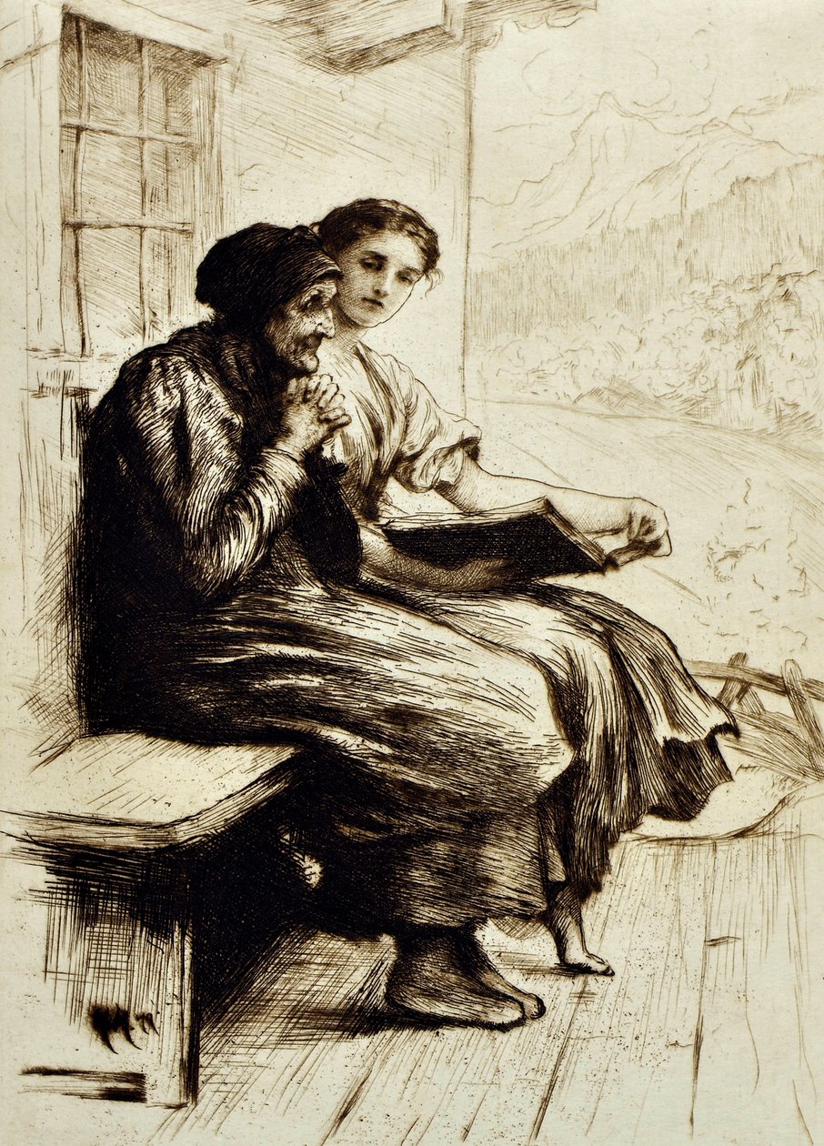 Palavras de conforto, c.1879 (gravura) de Hubert von Herkomer