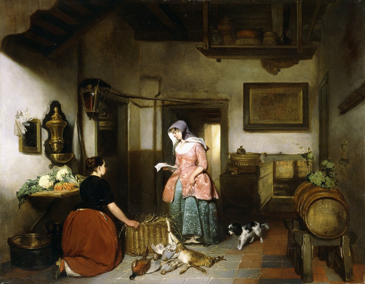 Interior de uma despensa com mulheres limpeza jogo, 1852 de Hubertus van Hove