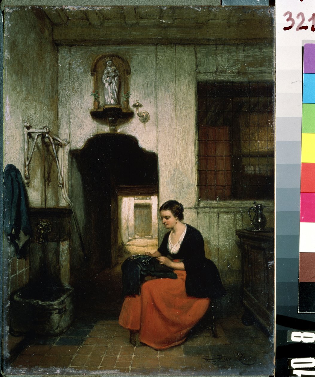 ""La brodeuse"" (A bordadeira) Jovem fazendo trabalho de costura em um interior belga. Pintura de Hubertus van Hove (1814-1865) 1860 Museu de Arte Mikhail Kroshitsky, Sevastopol (Sevastopol) Ucrânia de Hubertus van Hove