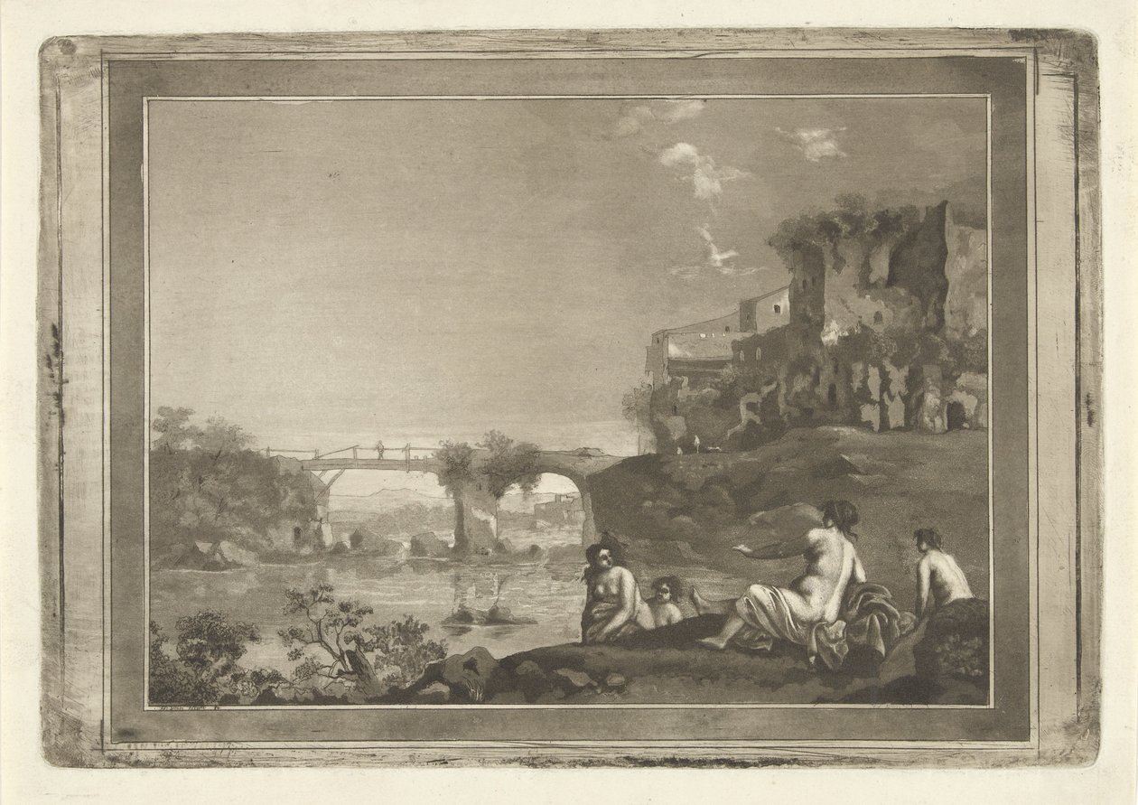 Paisagem com ninfas de banho de Hubertus van Hove