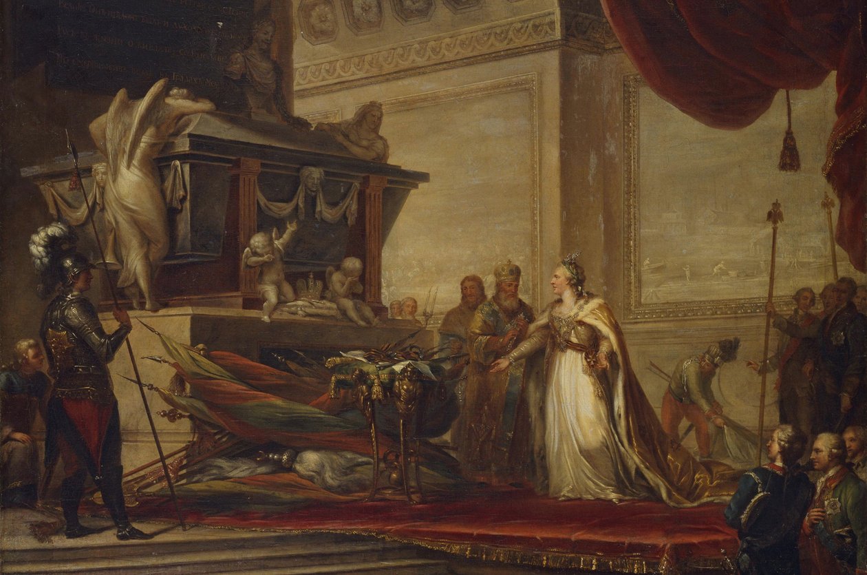 Catarina II colocando os troféus da Batalha de Chesma no túmulo de Pedro, o Grande, 1791 de Hüne