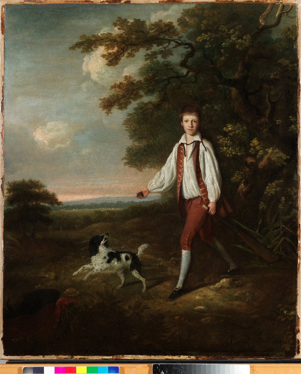 Retrato, de, um, juventude, segurando, um, taco críquete, e, bola, com, seu, animal estimação, pretas, e, branca, springer spaniel, em, um, clareira, por, um, arborizado, paisagem de Hugh Barron