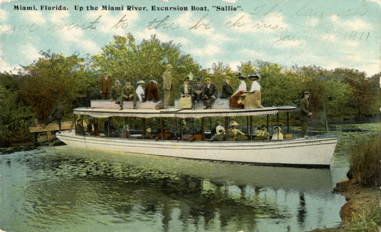 Até o barco de excursão do rio Miami Sallie, c.1910 de Hugh C. Leighton Co.