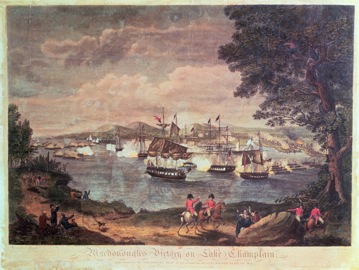 Vitória de Macdonough no Lago Champlain e derrota do exército britânico em Plattsburg pelo General Macomb em 11 de setembro de 1814, 1816 (gravura a cores) de Hugh Reinagle