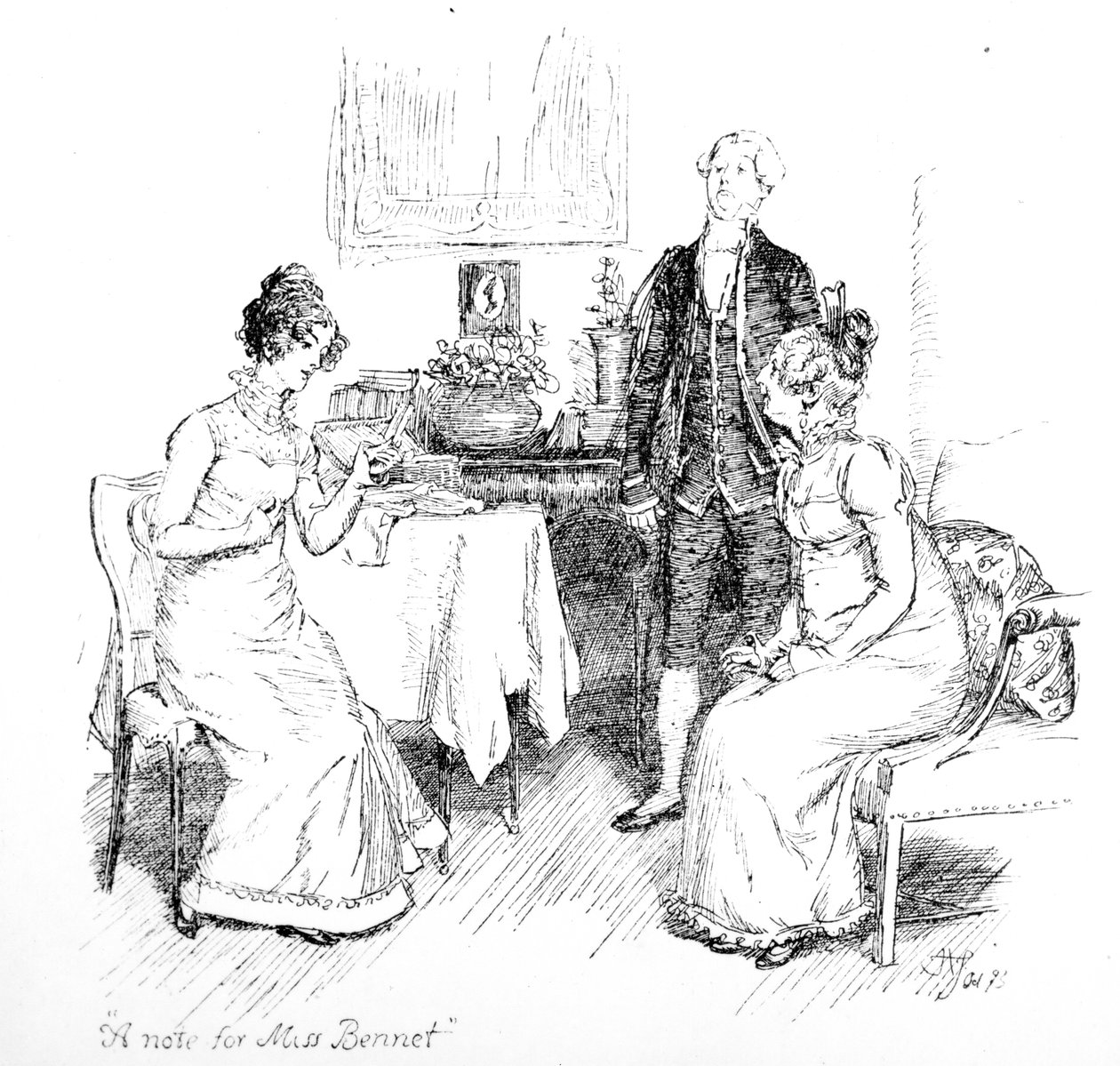 &39;Uma nota para a Srta. Bennet&39;, ilustração de &39;Pride und Prejudice&39; de Jane Austen, edição publicada em 1894 de Hugh Thomson
