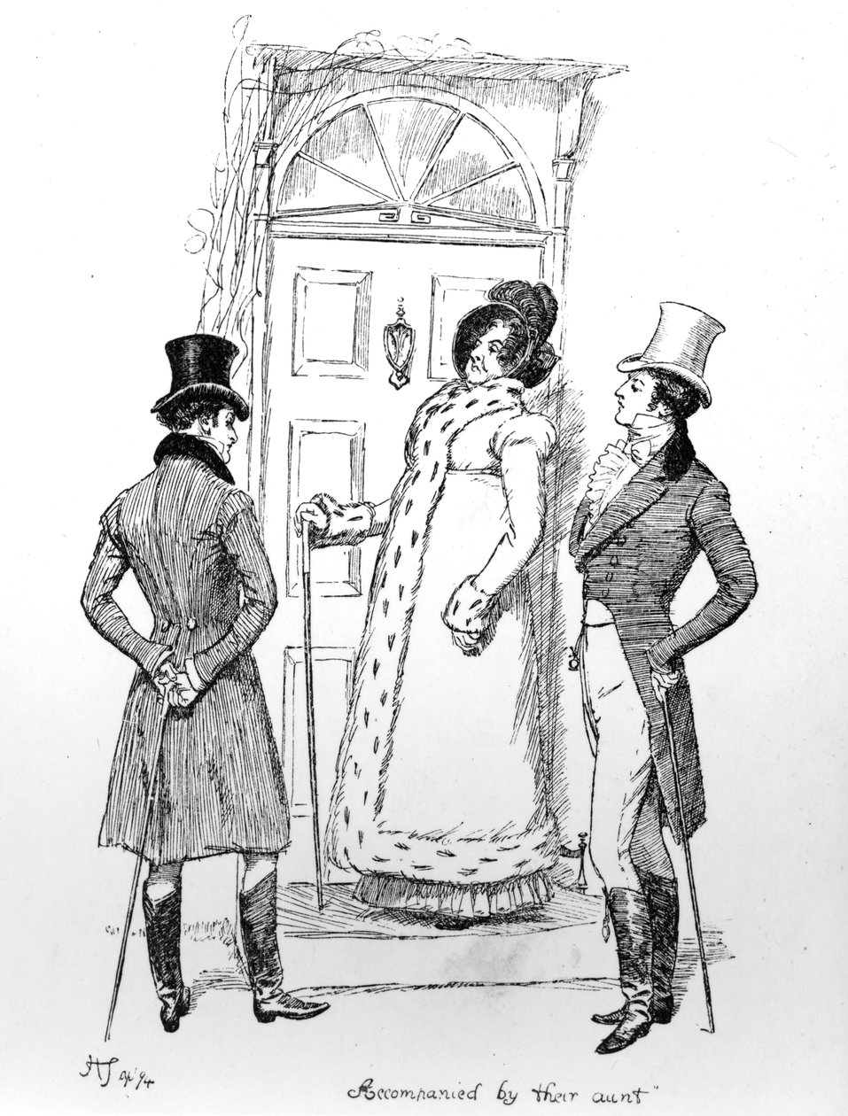 "Acompanhado por sua tia", ilustração de "Orgulho e Preconceito", de Jane Austen, edição publicada em 1894 de Hugh Thomson