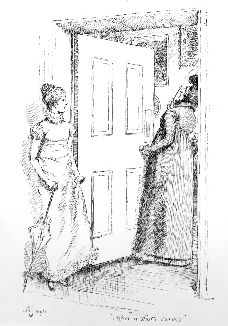 &39;Depois de uma breve pesquisa&39;, ilustração para &39;Orgulho e Preconceito&39;, de Jane Austen, edição publicada em 1894 de Hugh Thomson