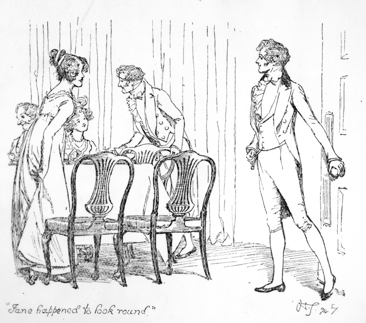 &39;Jane aconteceu para olhar em volta&39;, ilustração de &39;Orgulho e Preconceito&39; por Jane Austen, edição publicada em 1894 de Hugh Thomson
